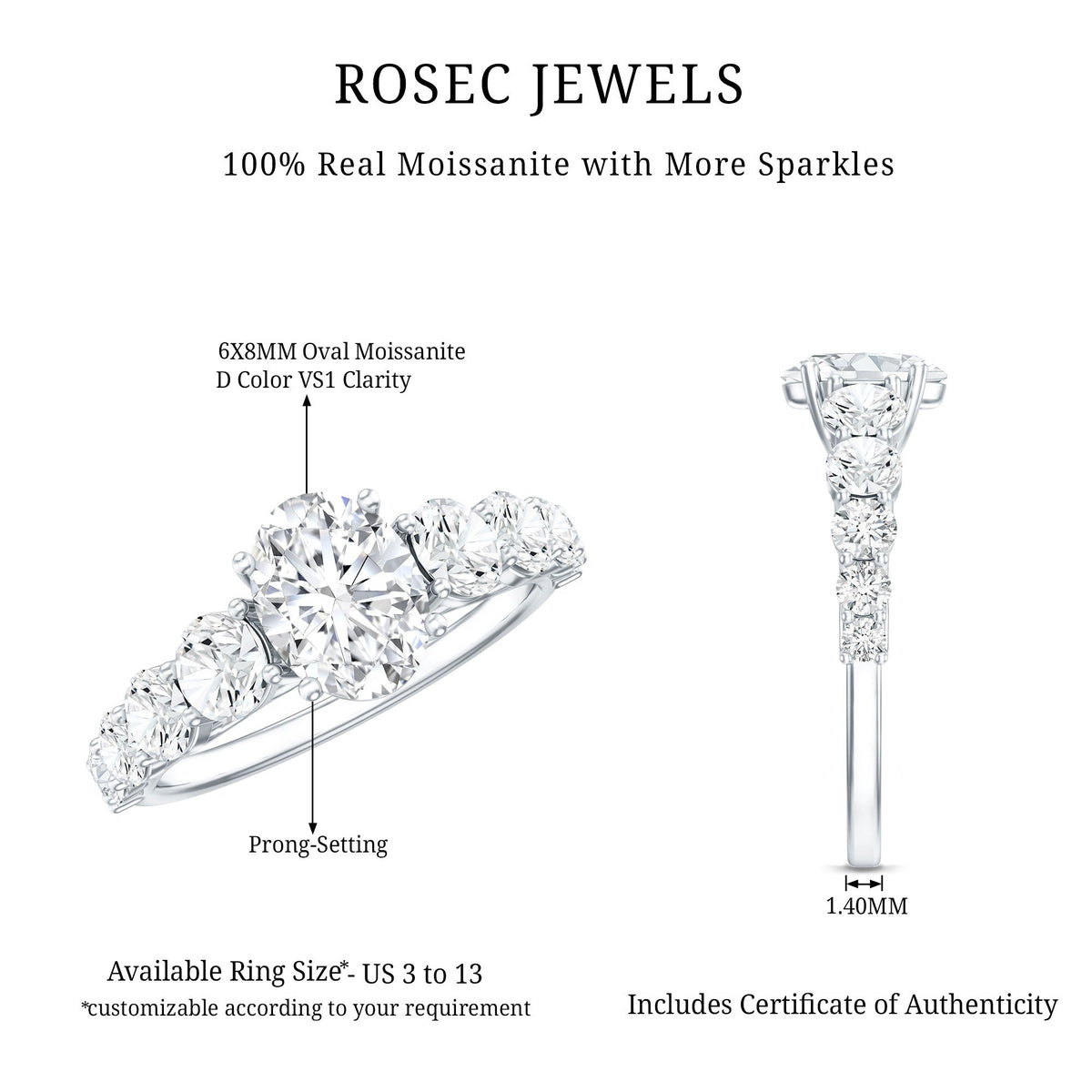 Oval cut moissanite side stone engagement ring with a 1.2 carat center, showcasing elegant design and sparkling gemstones.