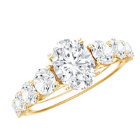 Oval cut moissanite side stone engagement ring with a 1.2 carat center, featuring intricate band details, by Rosec Jewels.