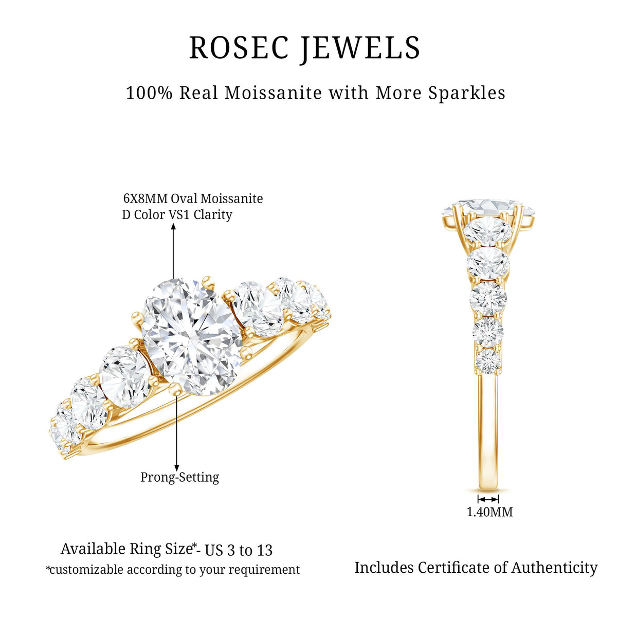 Oval cut moissanite side stone engagement ring with 1.2 carats, featuring a silver band and intricate design details.