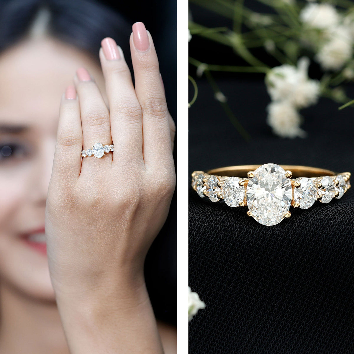 Oval cut 1.2 carat Moissanite side stone engagement ring by Rosec Jewels, showcasing the sparkling center and side stones.