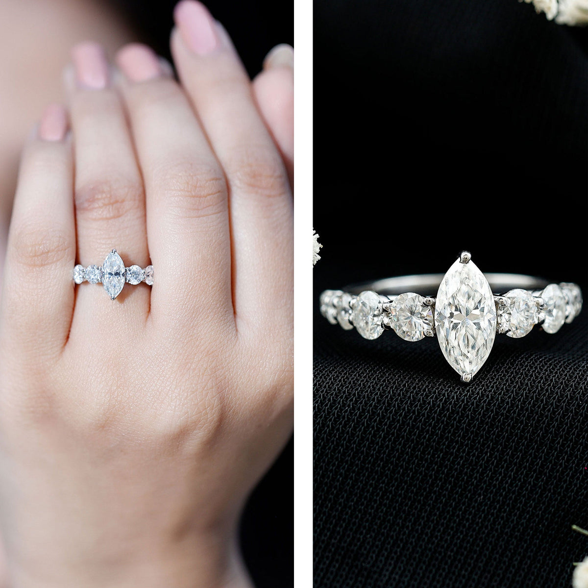 Rosec Jewels Marquise Moissanite engagement ring with side stones, featuring a sparkling marquise-shaped center stone and intricate band details.