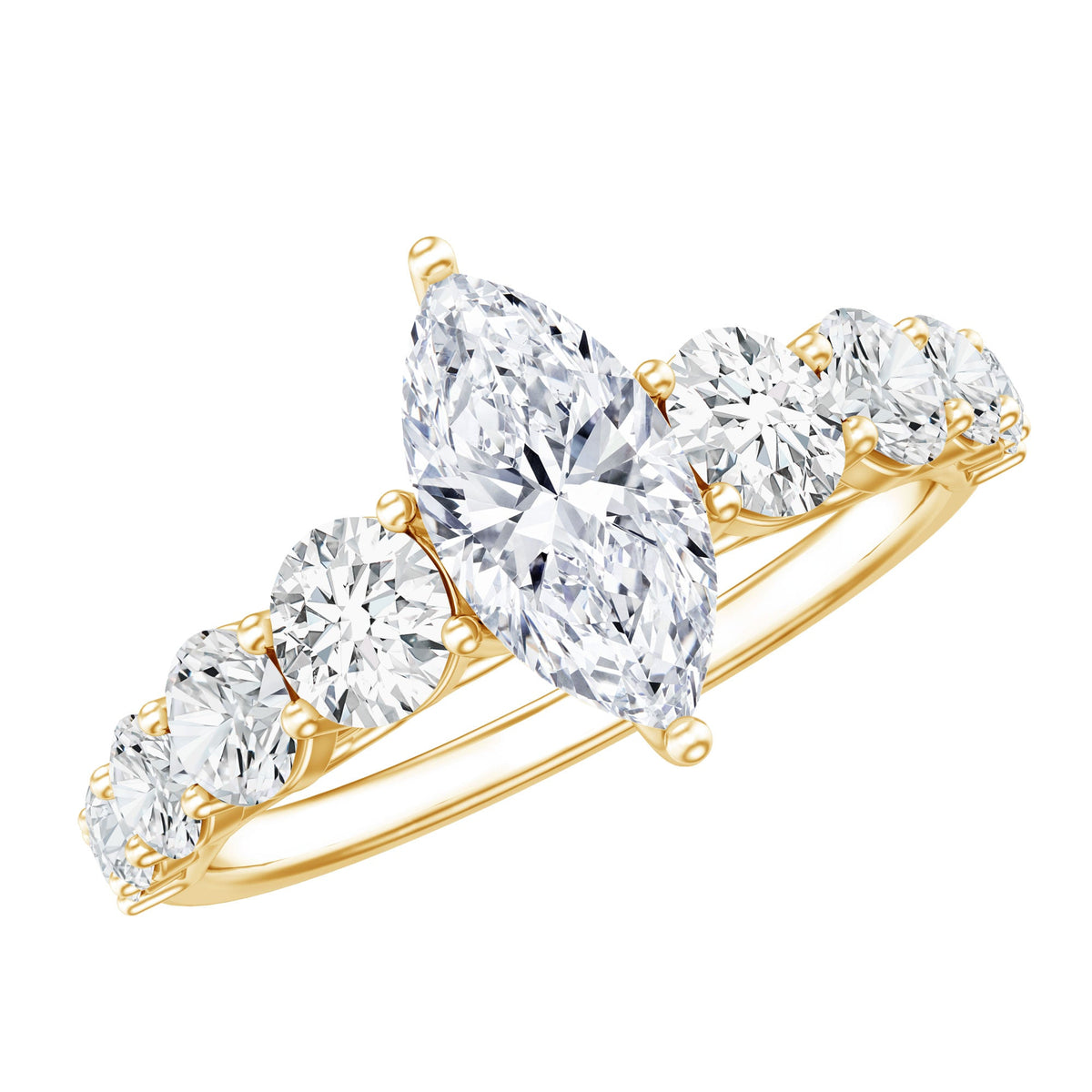Marquise moissanite engagement ring with side stones, showcasing a sparkling central stone and delicate metal band.