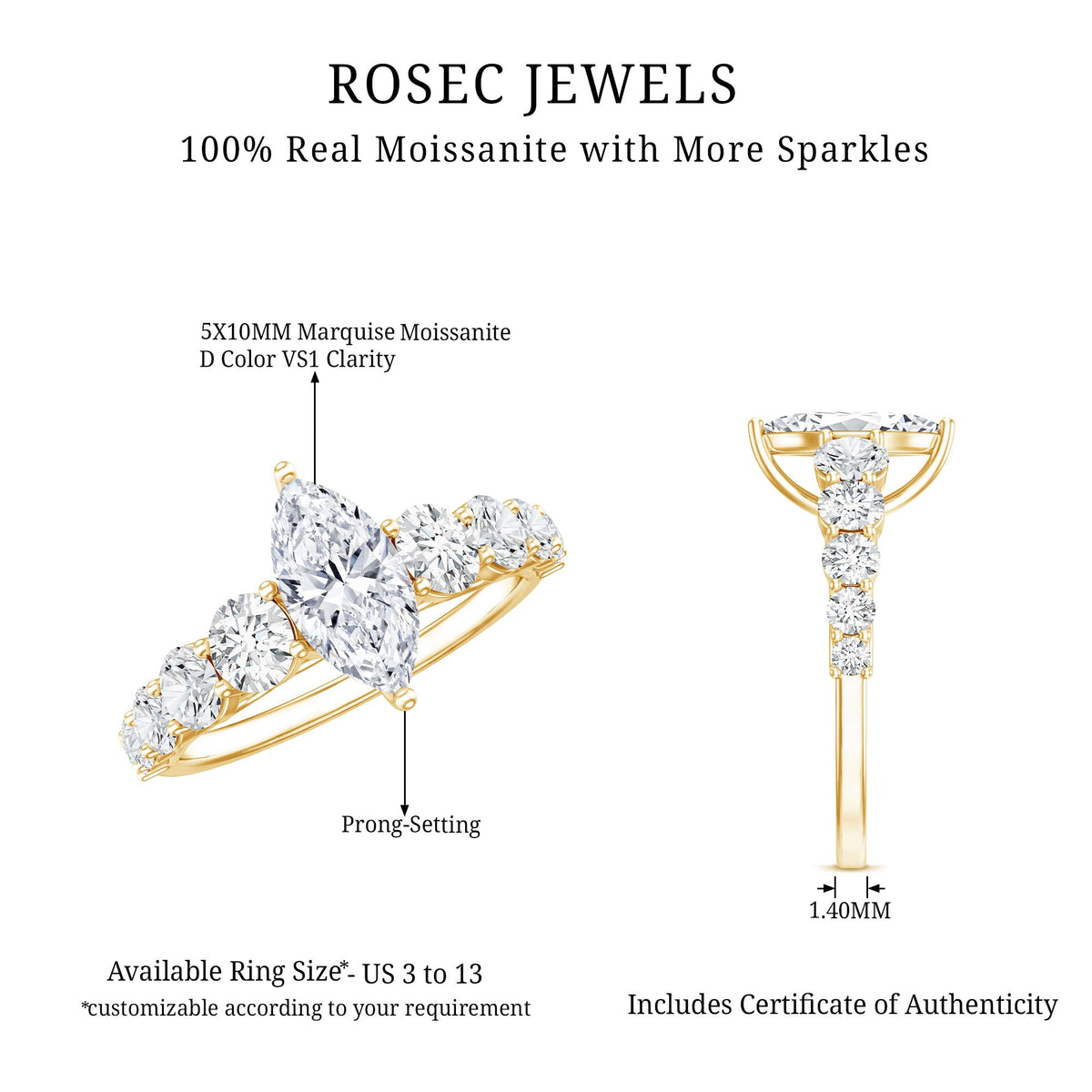 Marquise moissanite engagement ring with side stones from Rosec Jewels, showcasing sparkling central stone and detailed band design.