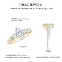 Marquise moissanite engagement ring with side stones from Rosec Jewels, showcasing sparkling central stone and detailed band design.