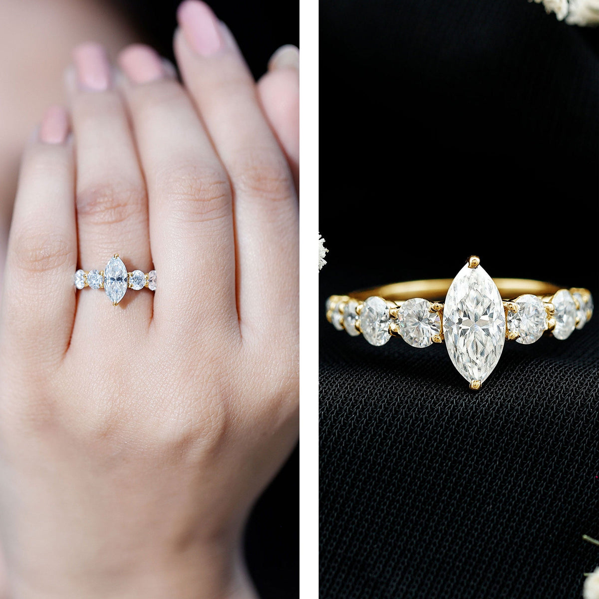 Marquise moissanite engagement ring with side stones from Rosec Jewels, featuring a sparkling central gemstone and elegant band.