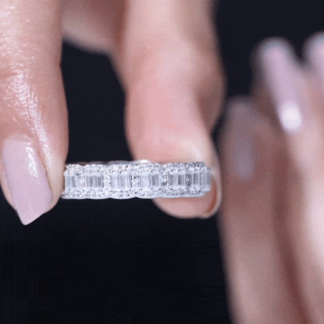 Yellow gold Rosec Jewels designer baguette moissanite half eternity band ring with rectangular stones on a white background.