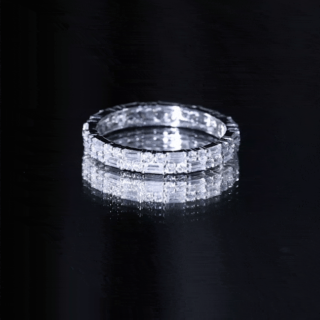 Yellow gold double row moissanite stackable eternity band ring from Rosec Jewels with sparkling gemstones.