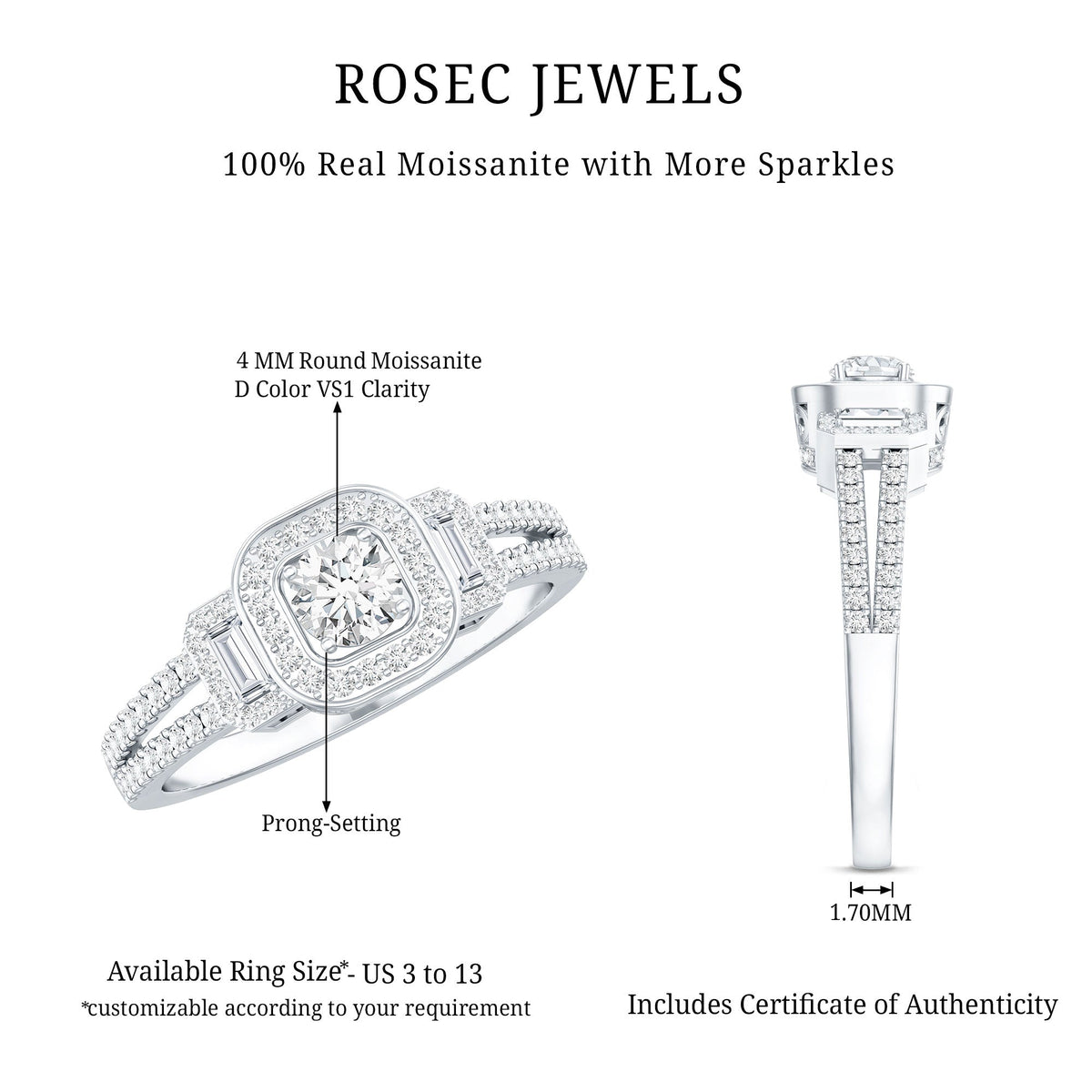 Vintage-inspired moissanite engagement ring by Rosec Jewels featuring a sparkling central stone and intricate metalwork.