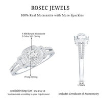 Vintage-inspired moissanite engagement ring by Rosec Jewels featuring a sparkling central stone and intricate metalwork.
