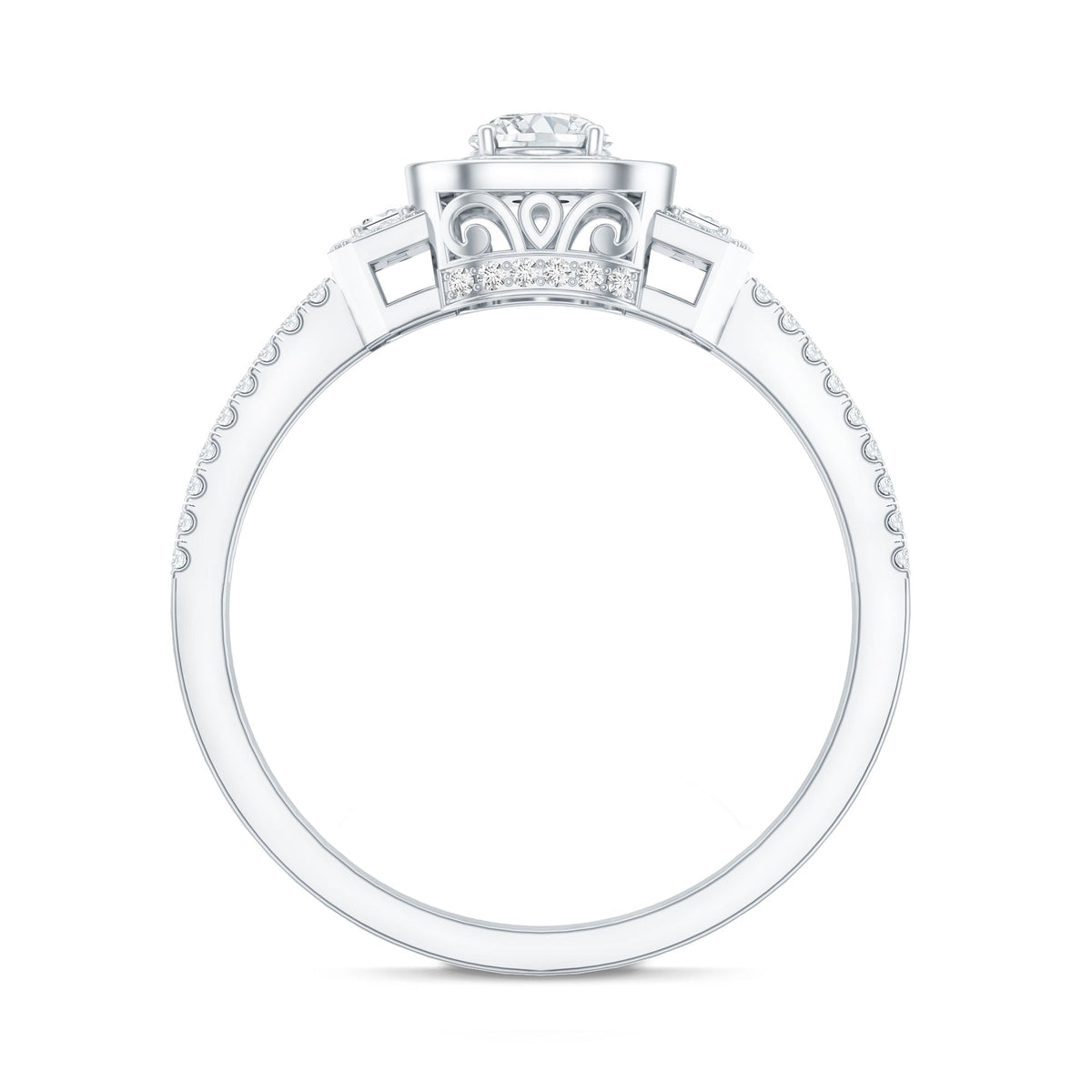 Vintage-inspired moissanite engagement ring by Rosec Jewels featuring a sparkling central stone and intricate metalwork.