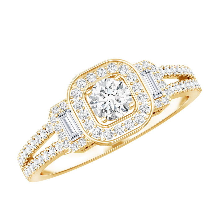 Vintage-inspired Moissanite engagement ring by Rosec Jewels featuring a sparkling center stone and intricate metal detailing.