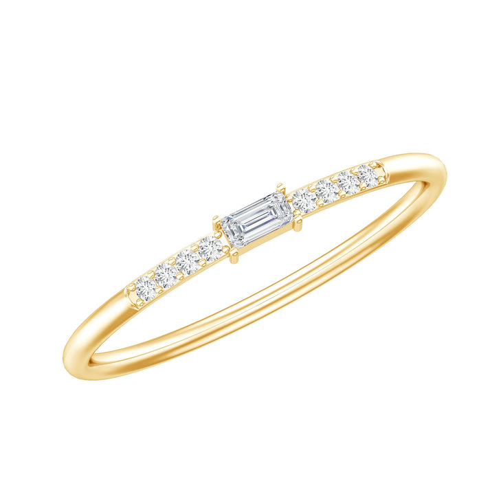 Close-up of Rosec Jewels moissanite minimalist stackable promise ring showcasing its delicate band and sparkling stones.