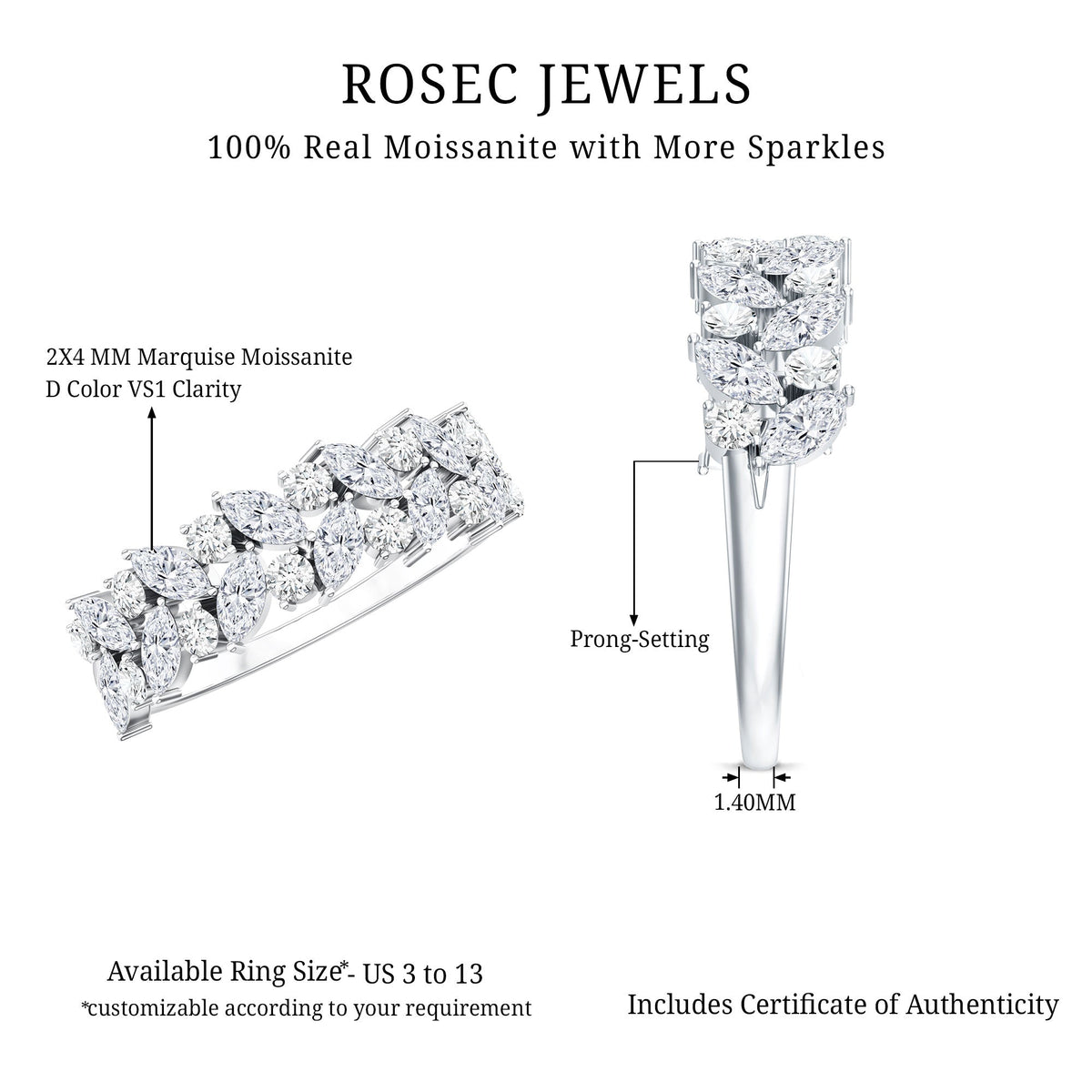 Rosec Jewels certified moissanite cluster eternity band ring with sparkling gemstone cluster design.