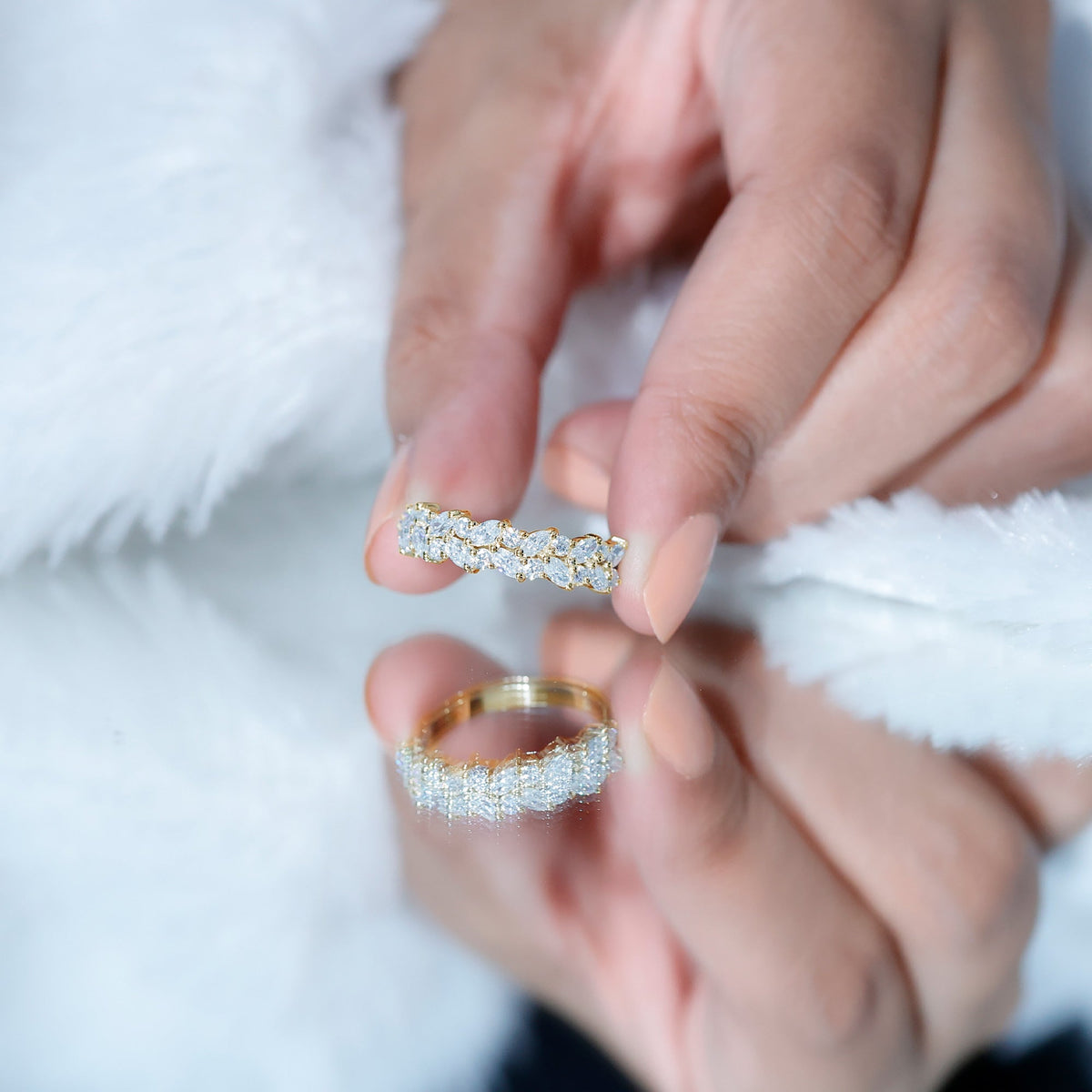 Rosec Jewels certified moissanite cluster eternity band ring with sparkling gemstone cluster and elegant design.