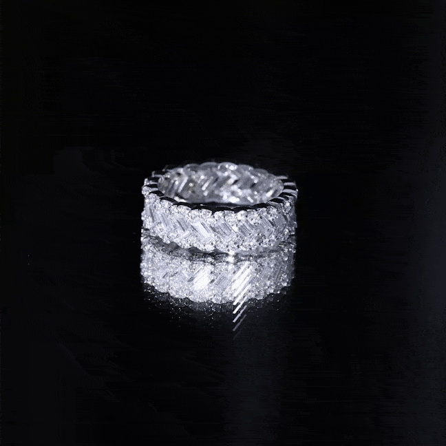 Yellow gold braided wedding ring with moissanite baguette and round stones, crafted by Rosec Jewels.