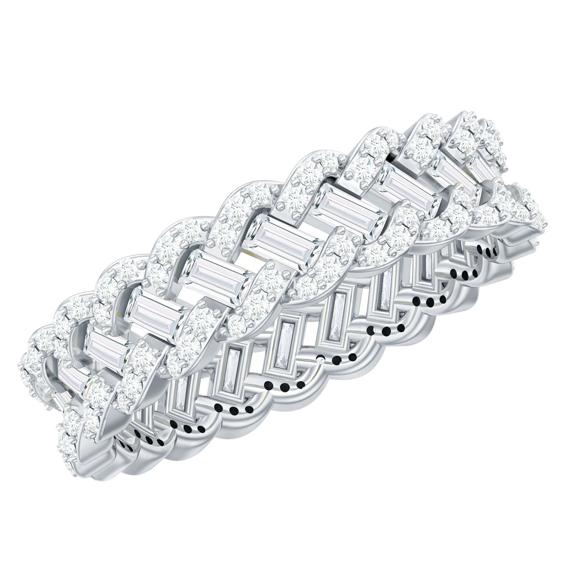 Rosec Jewels moissanite braided wedding band featuring baguette and round stones, elegant ring with intricate braided design.