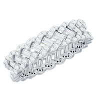 Rosec Jewels moissanite braided wedding band featuring baguette and round stones, elegant ring with intricate braided design.