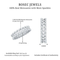 Rosec Jewels braided wedding band featuring baguette and round moissanite gemstones, showcasing intricate craftsmanship and sparkling stones.