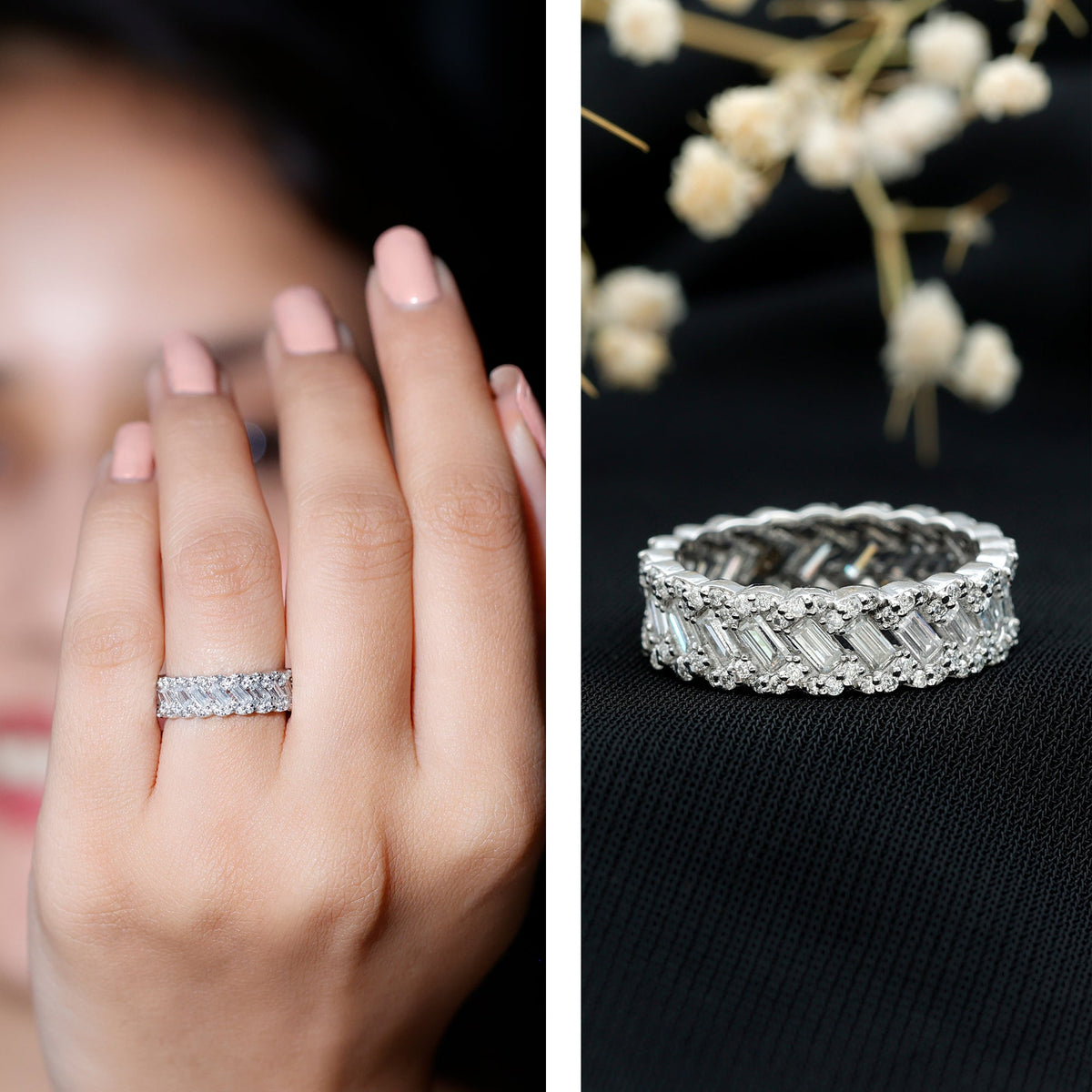 Rosec Jewels moissanite braided wedding band featuring baguette and round stones, elegant and detailed ring design.