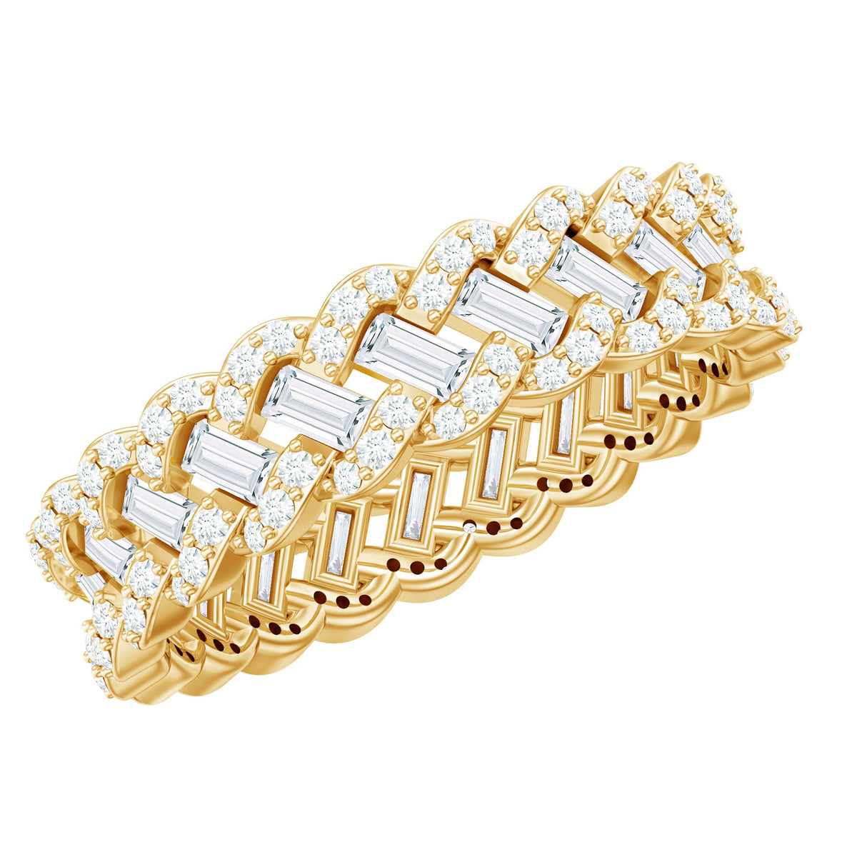Rosec Jewels moissanite braided wedding band featuring baguette and round stones, elegant ring design with intricate detailing.