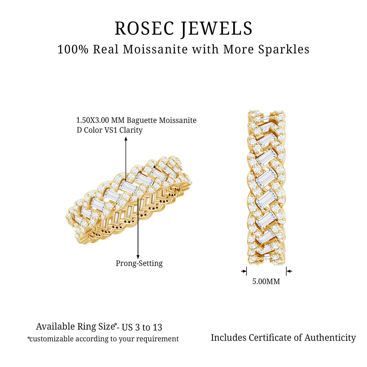 Rosec Jewels moissanite braided wedding band featuring baguette and round gemstones in a detailed ring design.