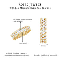 Rosec Jewels moissanite braided wedding band featuring baguette and round gemstones in a detailed ring design.