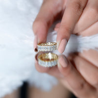 Rosec Jewels moissanite braided wedding band featuring a baguette and round stones, crafted in elegant ring style.
