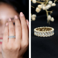 Rosec Jewels moissanite braided wedding band featuring baguette and round stones, crafted in elegant ring design.