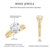 Claw Set Round Moissanite Engraved Engagement Ring