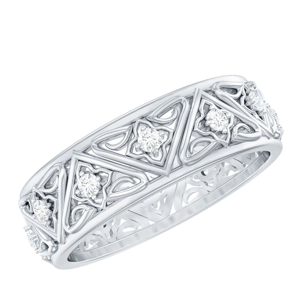 Vintage style diamond wedding band ring by Rosec Jewels, showcasing intricate design and sparkling diamonds on a gold band.