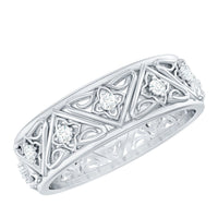 Vintage style diamond wedding band ring by Rosec Jewels, showcasing intricate design and sparkling diamonds on a gold band.