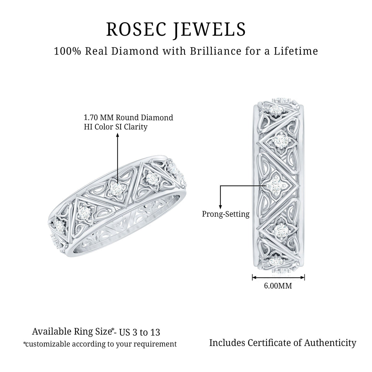Vintage style diamond wedding band ring by Rosec Jewels featuring delicate design and sparkling diamonds on a gold band.