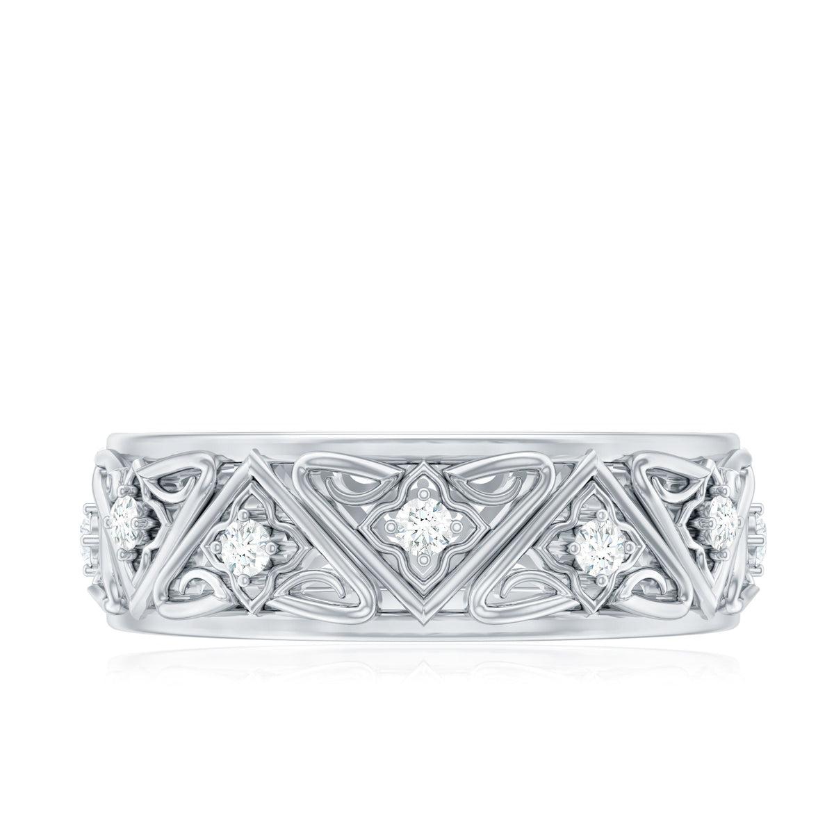 Vintage style diamond wedding band ring by Rosec Jewels with intricate design and sparkling diamonds on a polished gold band.