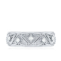 Vintage style diamond wedding band ring by Rosec Jewels with intricate design and sparkling diamonds on a polished gold band.