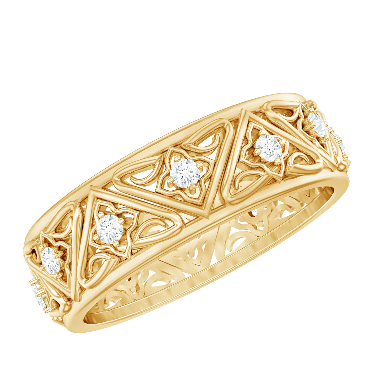 Vintage style diamond wedding band ring by Rosec Jewels featuring a delicate design and sparkling diamonds on a classic gold band.