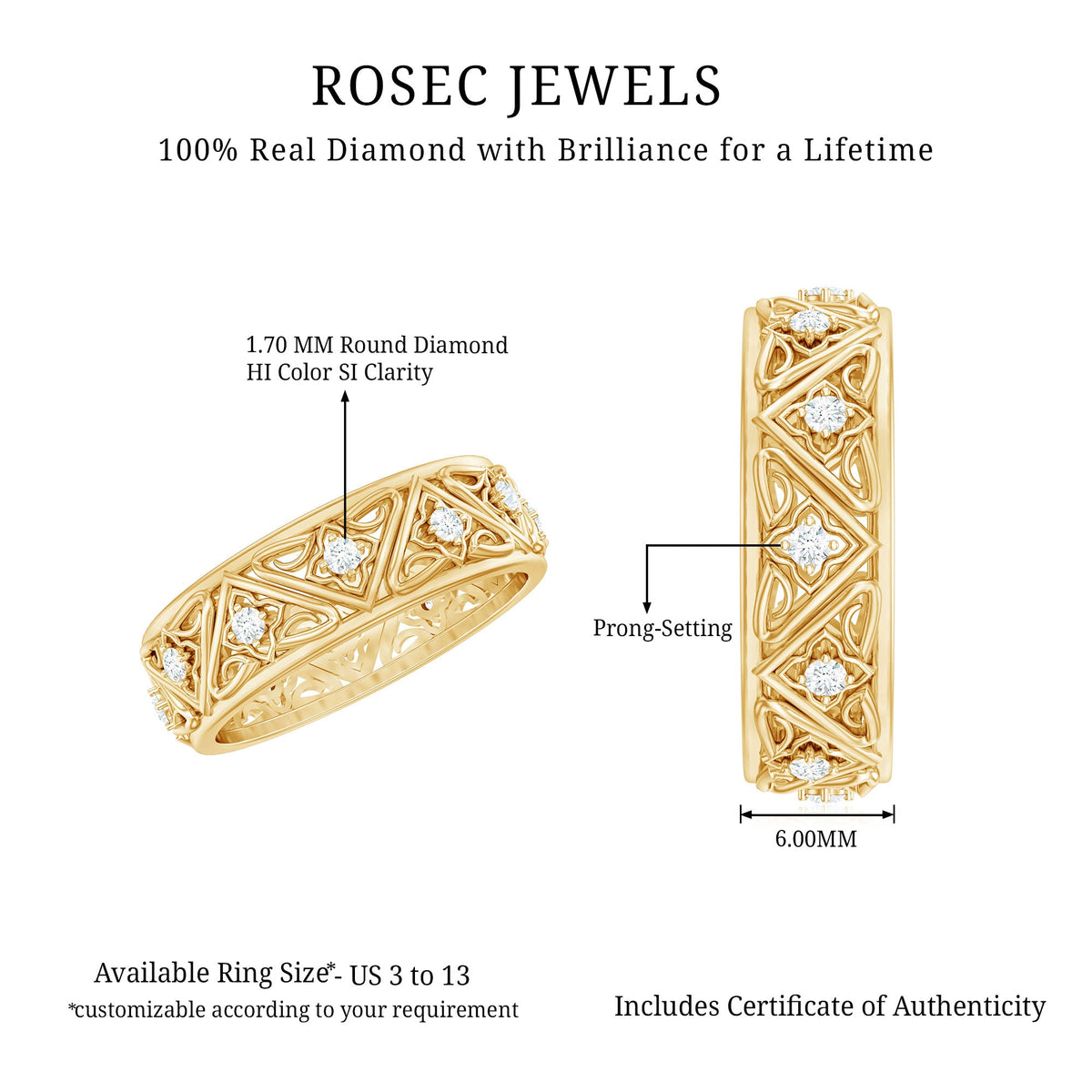 Vintage style diamond wedding band ring from Rosec Jewels with intricate detailing and sparkling diamonds.