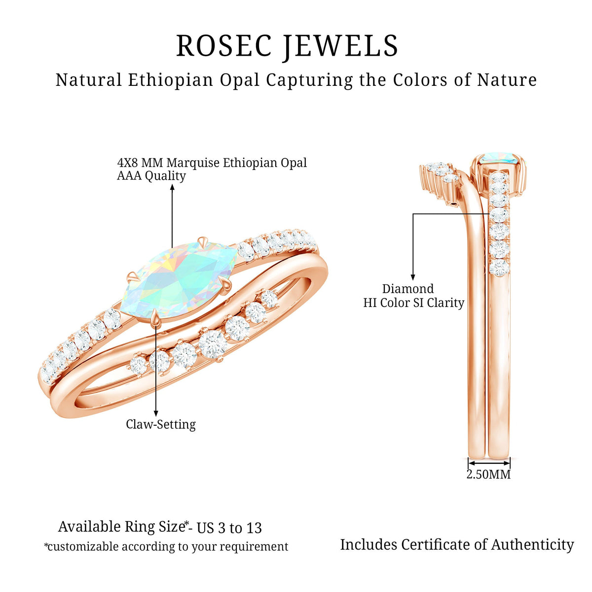 Natural Ethiopian rainbow opal diamond engagement and wedding ring set featuring east-west design by Rosec Jewels.