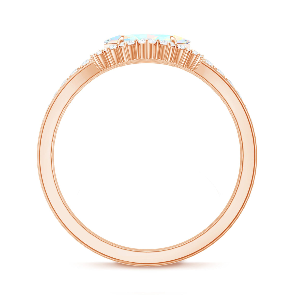 Natural Ethiopian rainbow opal diamond engagement and wedding ring set by Rosec Jewels, showcasing colorful opals and sparkling diamonds.