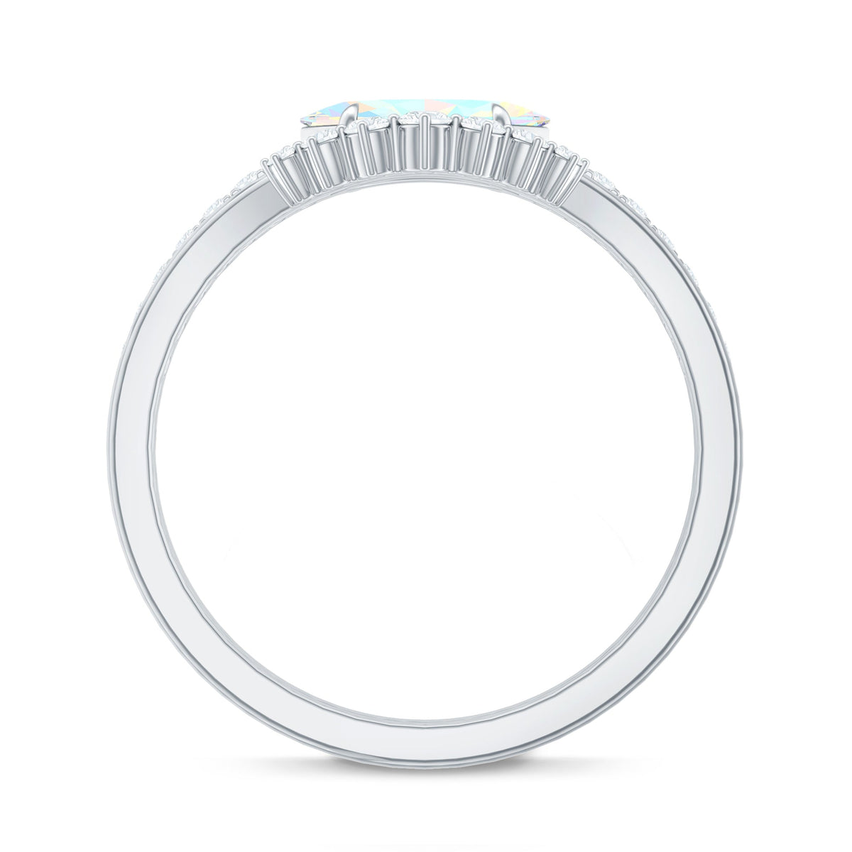 Natural Ethiopian rainbow opal diamond engagement and wedding ring set by Rosec Jewels, featuring colorful opal and sparkling diamonds.