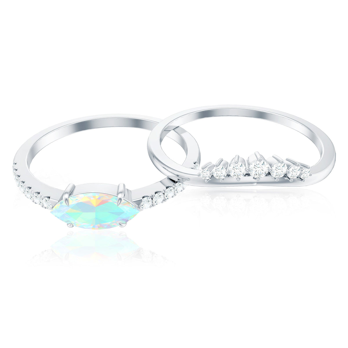 Natural Ethiopian rainbow opal diamond engagement and wedding ring set by Rosec Jewels, featuring colorful opals and sparkling diamonds.