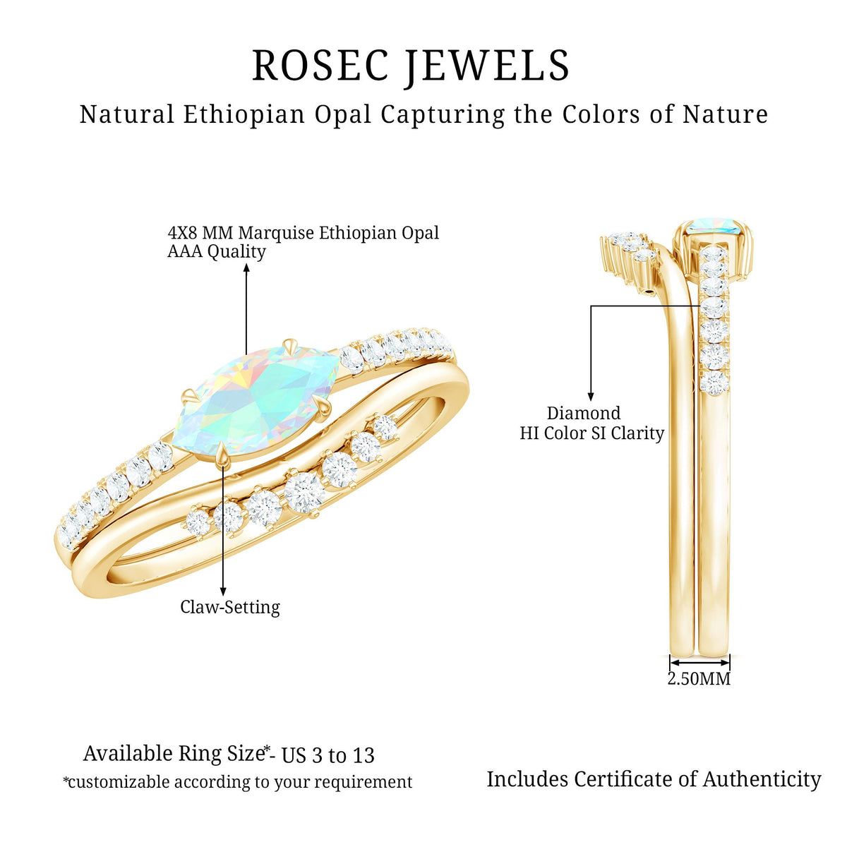 Natural Ethiopian rainbow opal and diamond East West engagement and wedding band set by Rosec Jewels, showcasing vibrant stones and elegant design.