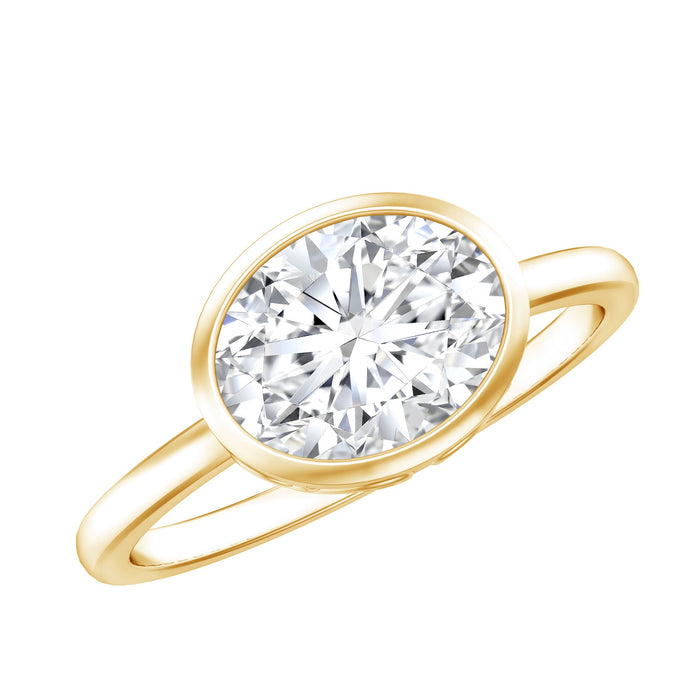 Certified 2 Carat Oval Moissanite east-west engagement ring by Rosec Jewels featuring a sparkling oval stone set horizontally.