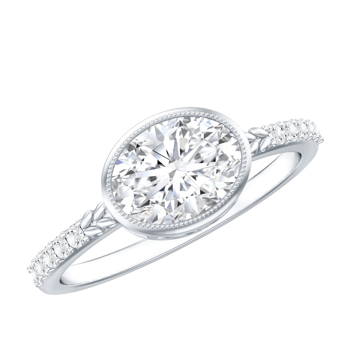 Rosec Jewels moissanite east-west engagement ring with bezel setting, showcasing a sparkling central stone and elegant band.