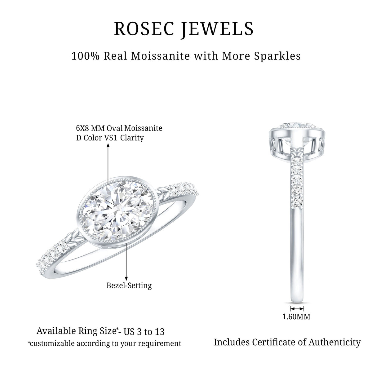 Moissanite east-west engagement ring in bezel setting with rose gold band, designed by Rosec Jewels.