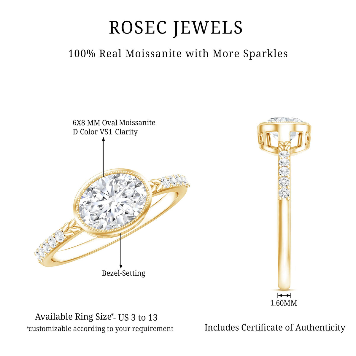 Rosec Jewels Moissanite east-west engagement ring with bezel setting showcasing a sparkling central stone and elegant band.