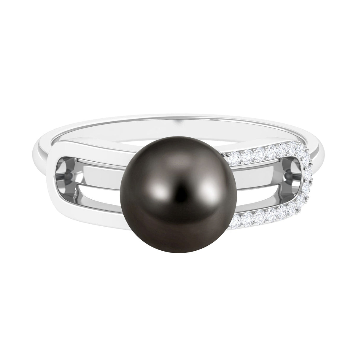 Rosec Jewels split shank Tahitian pearl solitaire engagement ring with diamond accent, showcasing the elegant ring design.
