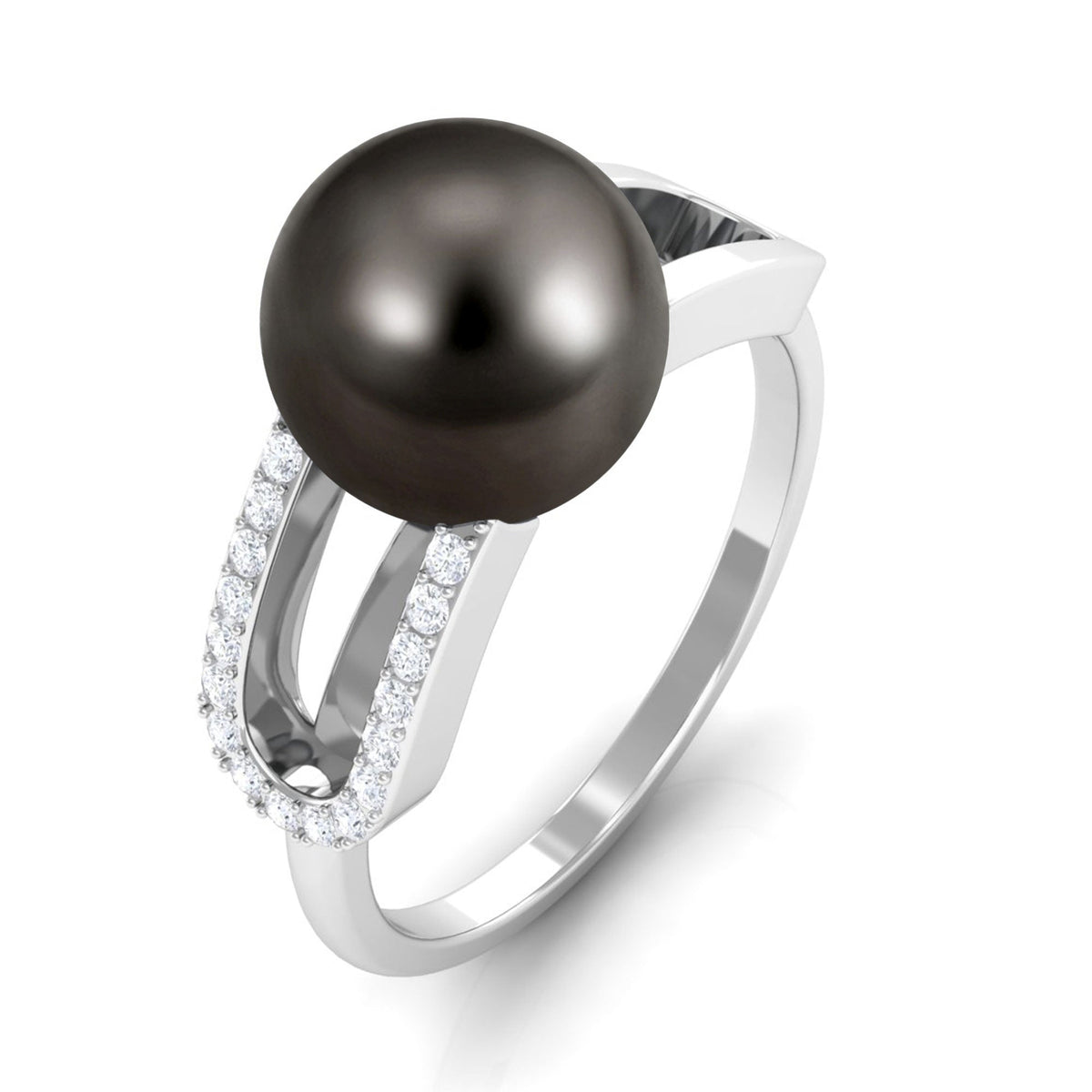 Tahitian pearl solitaire engagement ring with split shank and diamond accents by Rosec Jewels, featuring a central dark pearl and elegant design.