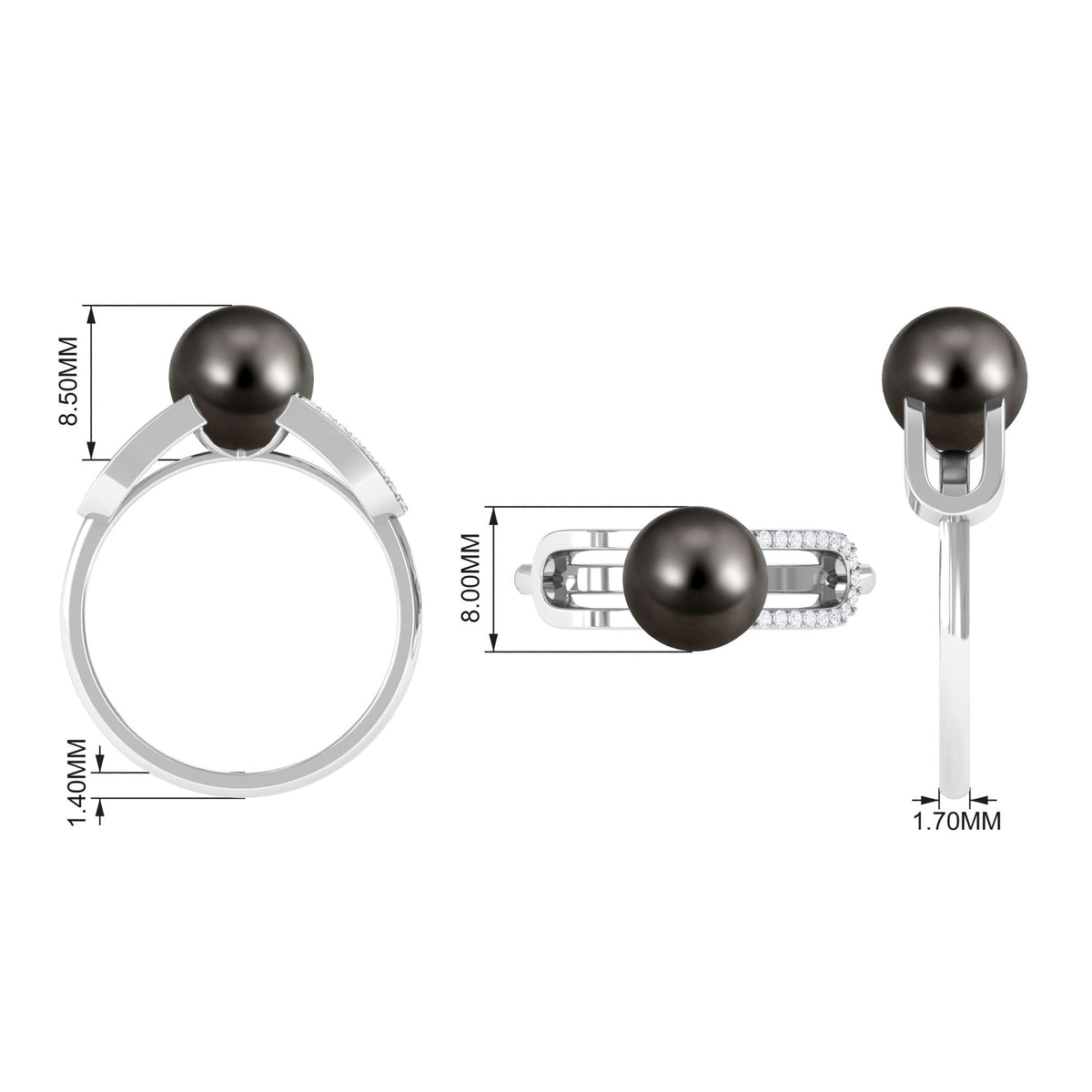 Split shank Tahitian pearl solitaire engagement ring with diamond accents from Rosec Jewels, showcasing a elegant pearl and intricate band.