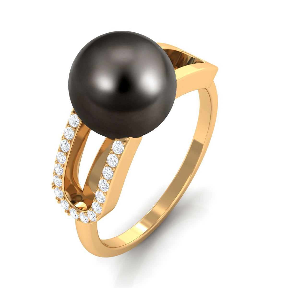 Split shank Tahitian pearl solitaire engagement ring with a diamond, featuring elegant design and fine craftsmanship by Rosec Jewels.