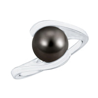 Tahitian black pearl solitaire bypass engagement ring by Rosec Jewels featuring a lustrous black pearl set on a sleek silver band.
